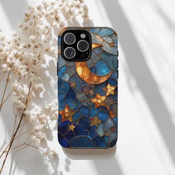 Celestial Moon Stained Glass IPhone 16,15,14,13 (Pro Max,Pro,Plus) Phone Case - Picture 1 of 14